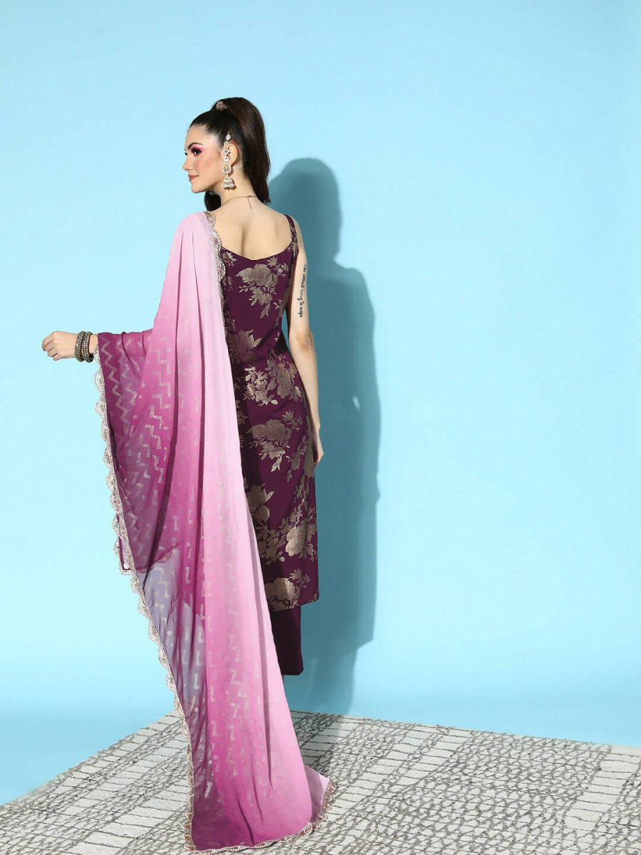 Ahalyaa Women's Wine Crepe Gold Smoke Printed Kurta Pant Set With Dupatta | Grocsy