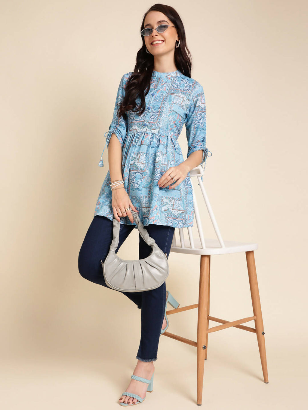 Light Blue Poly Rayon Digital Printed A-line Top - Tarini | Grocsy