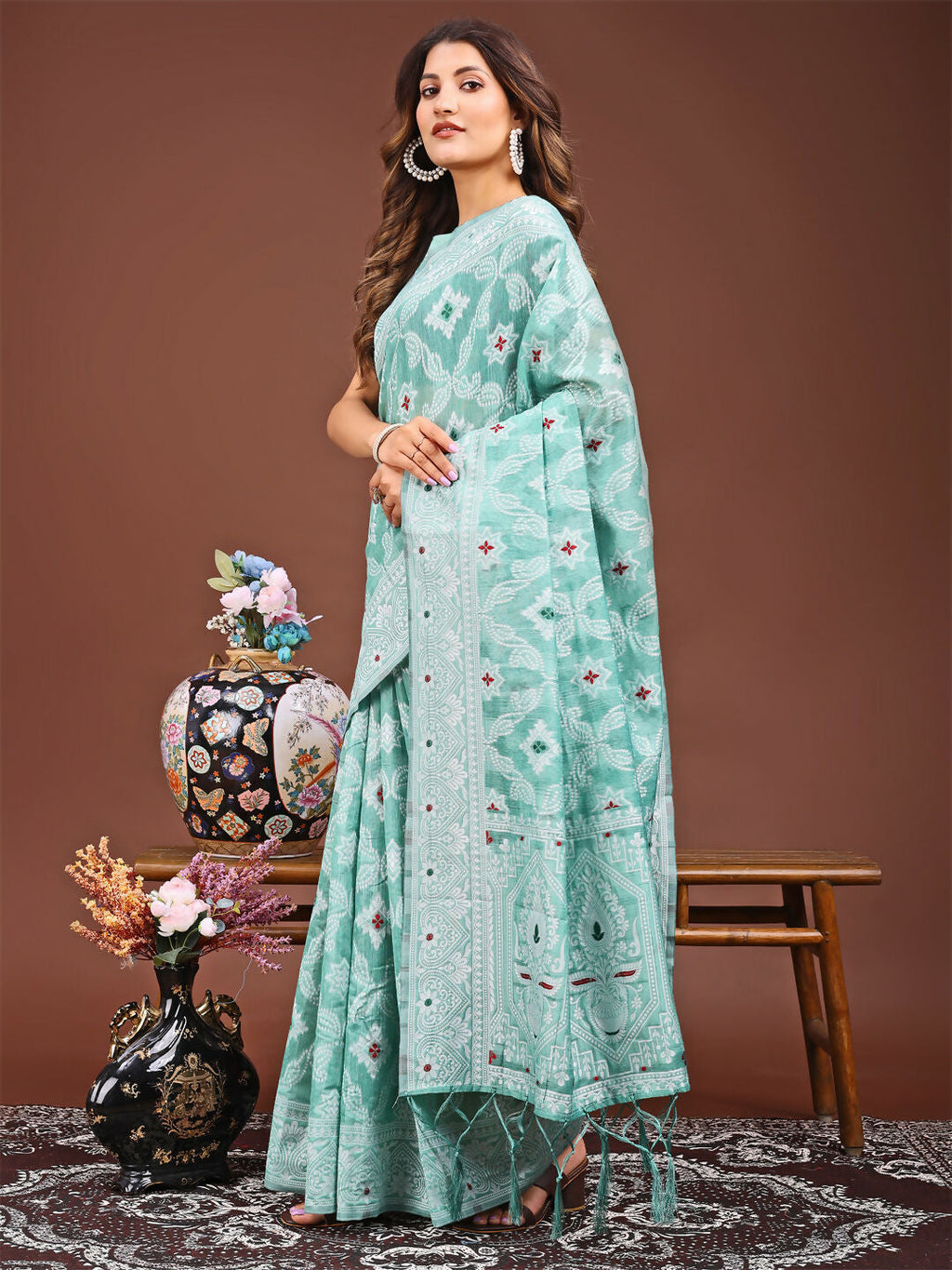 Shree Shyam Fashion Pankhuri Sea Green Linen Cotton Saree | Grocsy