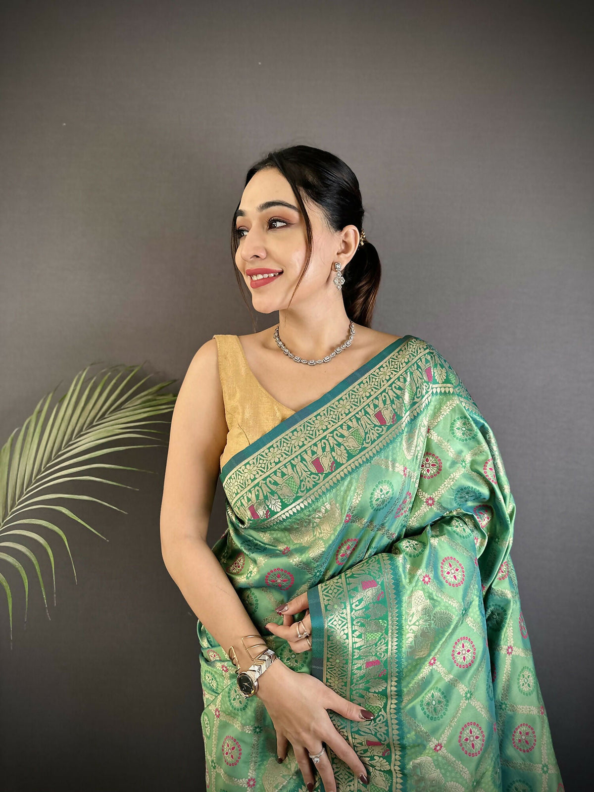 Joban Fashion Aqua Green Geometric Pattern Soft Silk Patola Saree | Grocsy