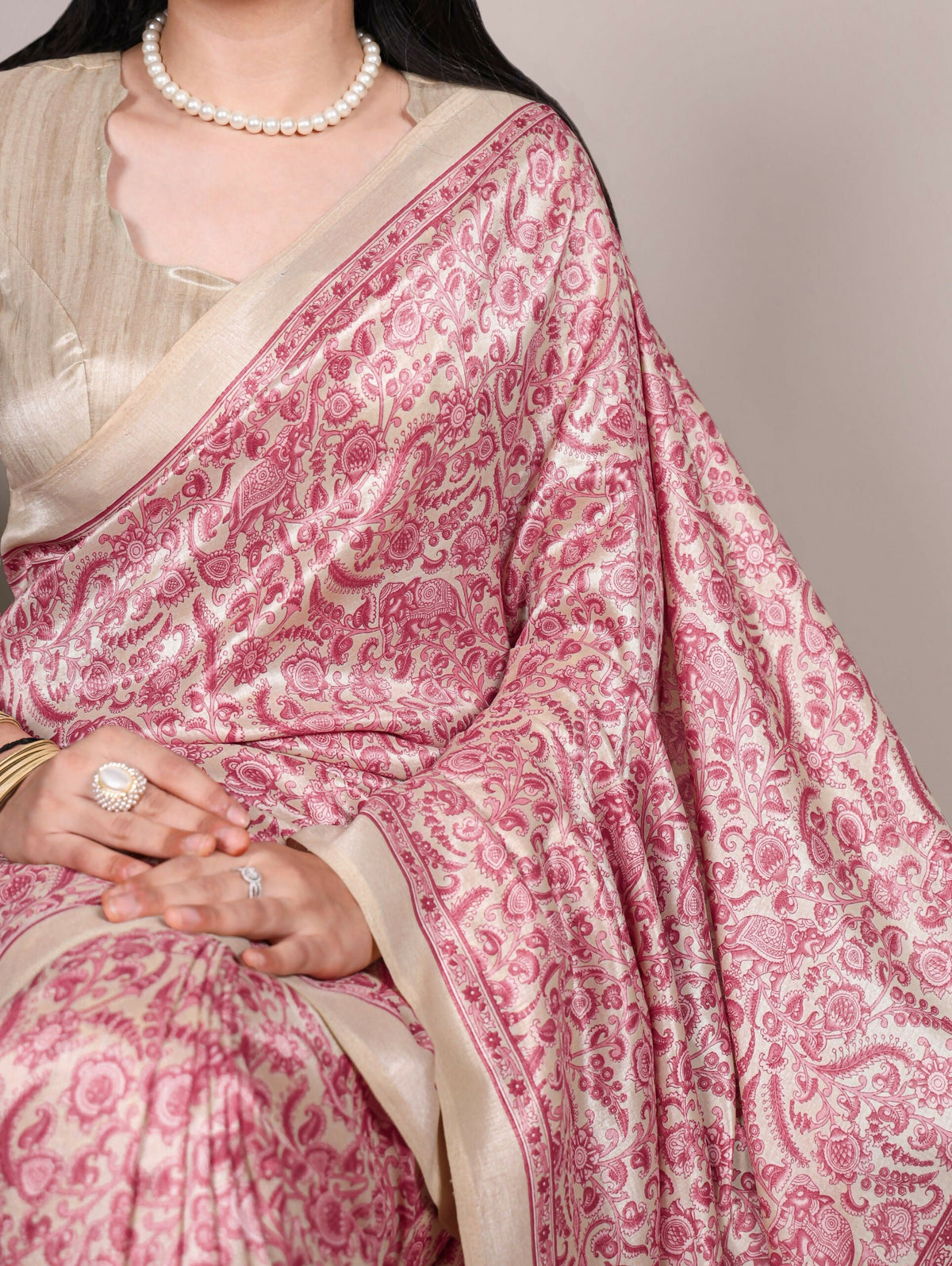 Vastranavya Salmon Tussar Silk Printed Saree with Unstitched Blouse | Grocsy
