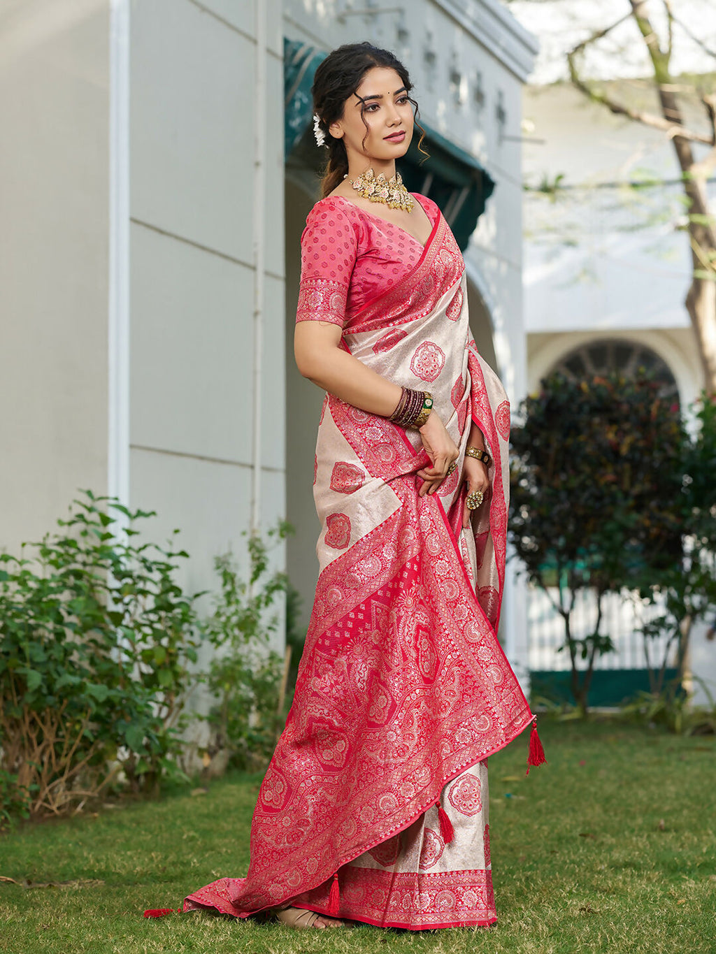 Shree Shyam Fashion Cream With Red Silk Blend Saree | Grocsy