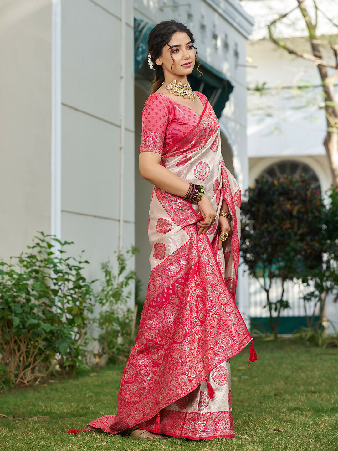 Shree Shyam Fashion Cream With Red Silk Blend Saree | Grocsy
