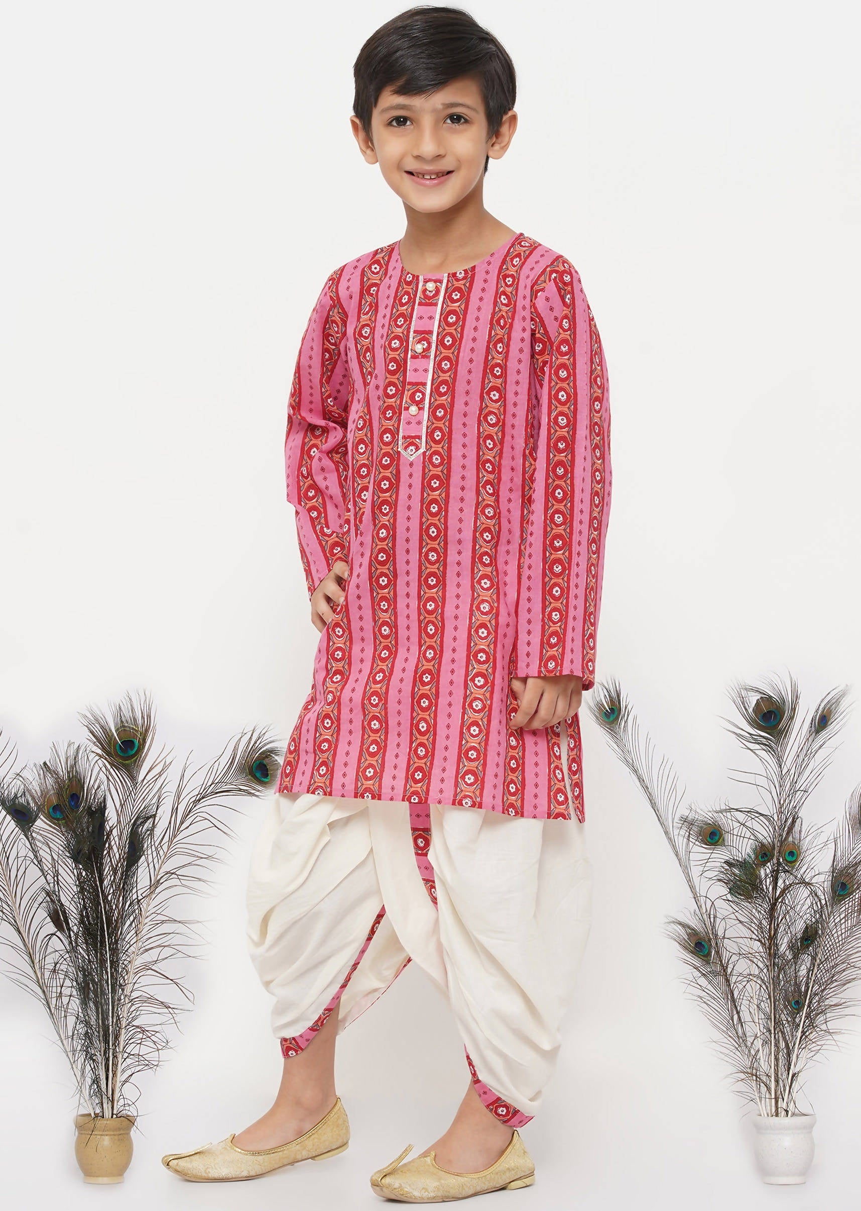 Little Bansi Boys Cotton Striped Kurta with Pearl Buttons & Dhoti -Pink & Cream | Grocsy