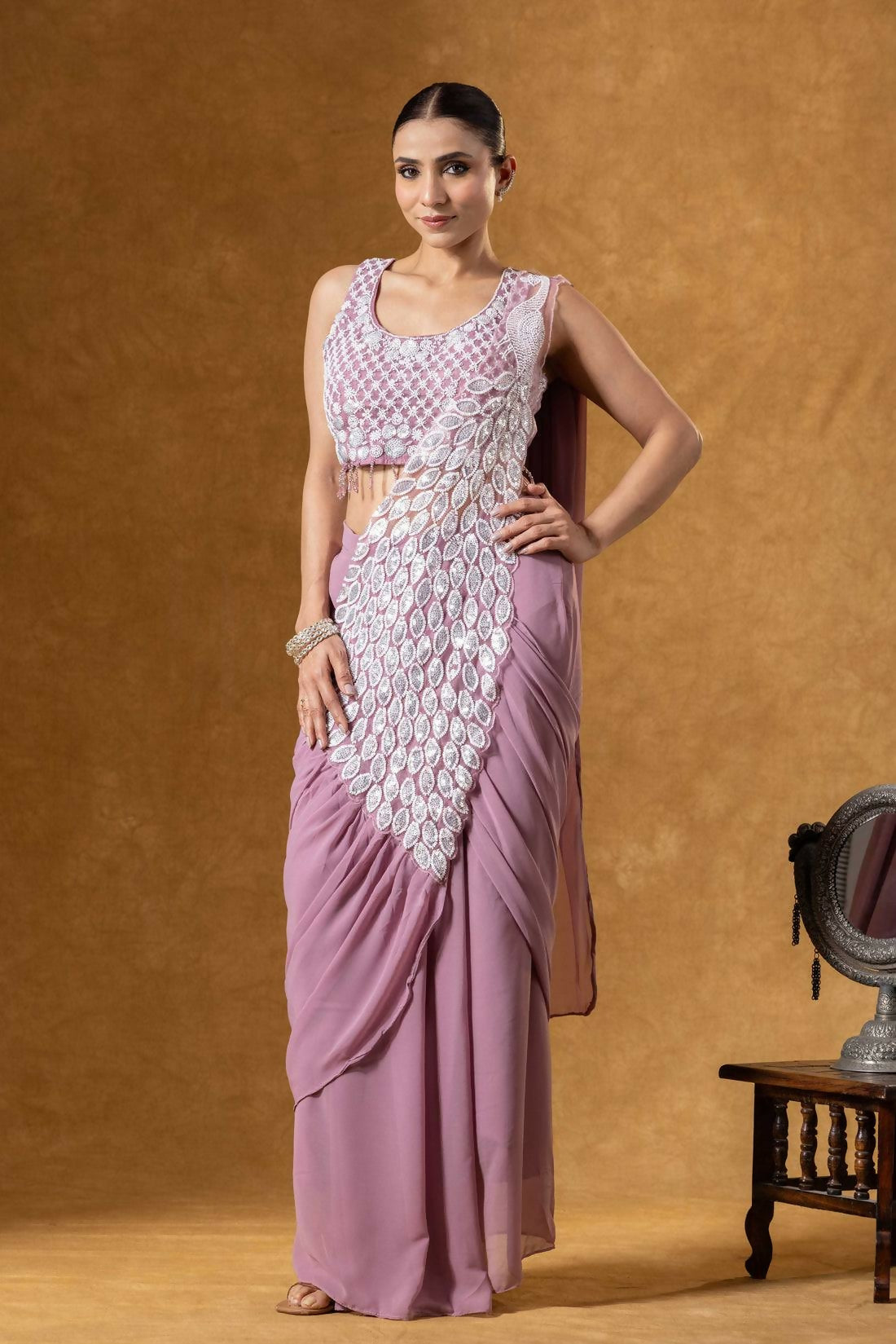 Teeya Creation Onion Color Faux Georgette Embroidery Work Party Wear Ready To Wear Saree | Grocsy