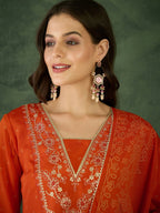 The52 Orange Women's Gorgeous Embroidered Chinon Fabric Flared Kurta Pant and Dupatta Set | Grocsy