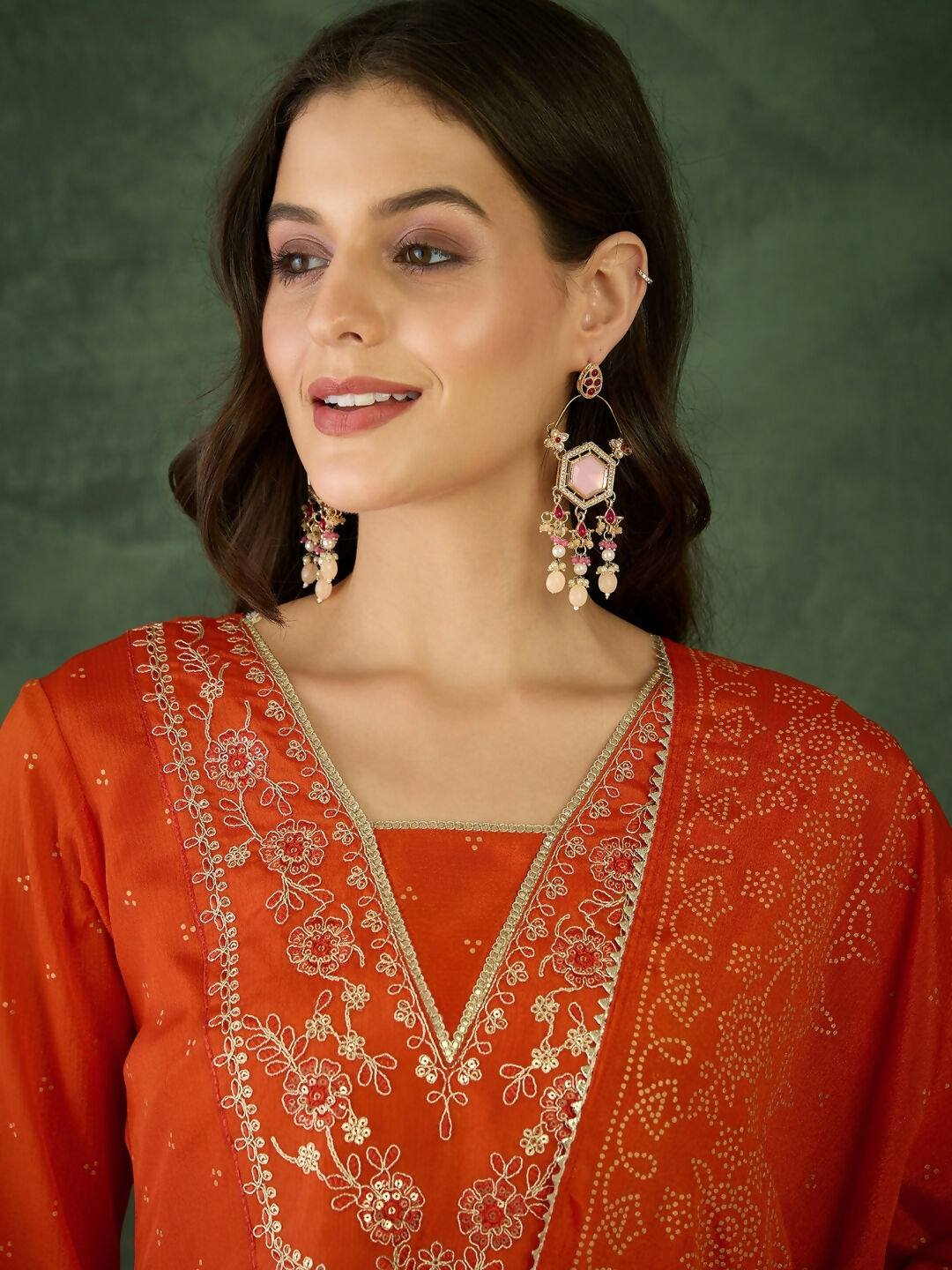 The52 Orange Women's Gorgeous Embroidered Chinon Fabric Flared Kurta Pant and Dupatta Set | Grocsy