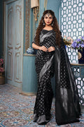 DEIANA'S Beautiful Designer Golden zari Soft Lichi Silk Saree - Black | Grocsy