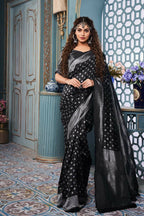 DEIANA'S Beautiful Designer Golden zari Soft Lichi Silk Saree - Black | Grocsy