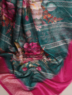 Vastranavya Green Tussar Silk Printed with Viscose Border Saree with Unstitched Blouse | Grocsy