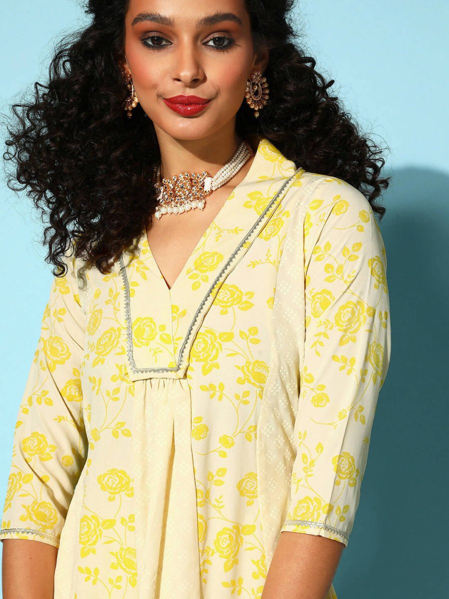 Ahalyaa Women Yellow Colour Crepe Printed Kurta Pant Set | Grocsy