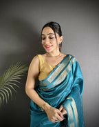 Joban Fashion Turquoise Woven Pattern Raw Silk Kanjivaram Silk Saree | Grocsy