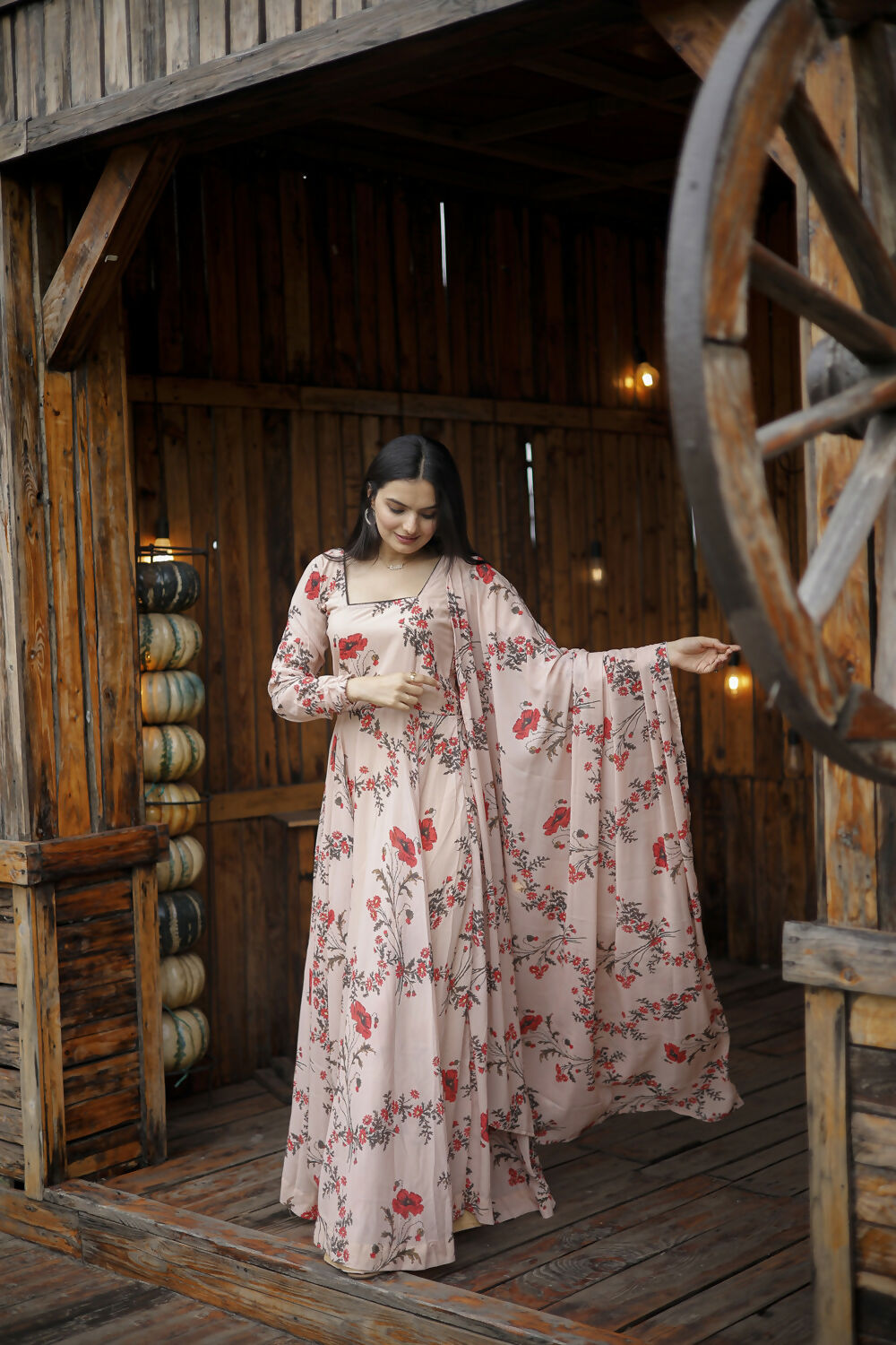 Aayaa Designer Printed Georgette Full Flare Gown With Dupatta - Multi Color | Grocsy