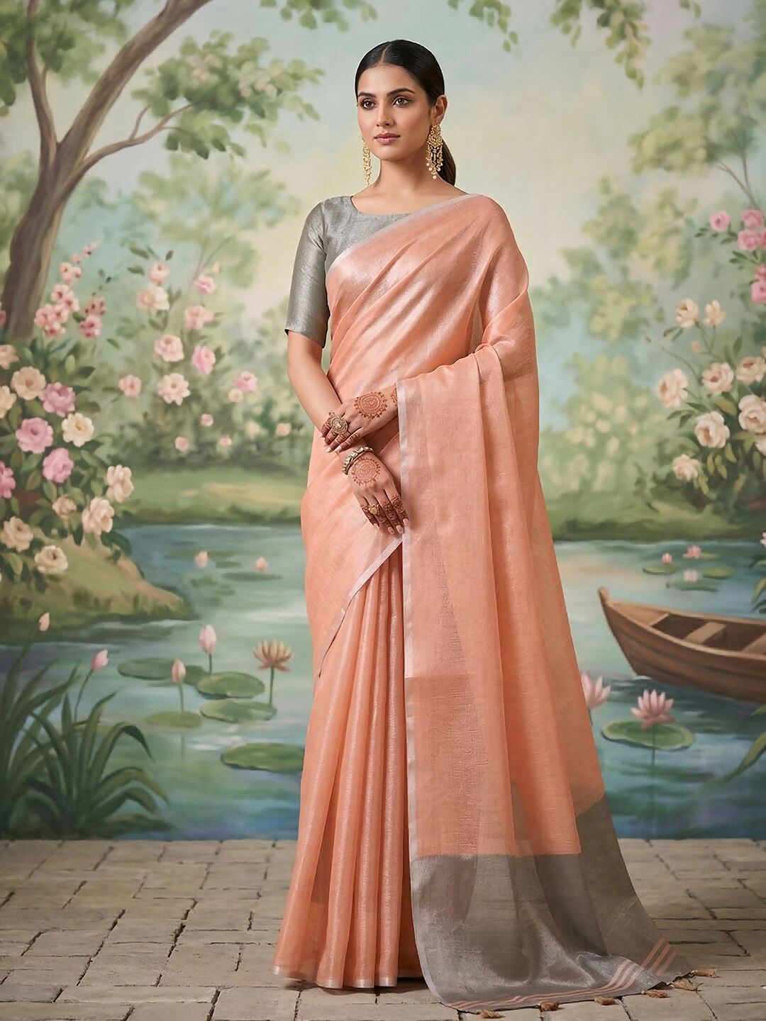 Shree Shyam Fashion Peach Tissue Silk Saree | Grocsy