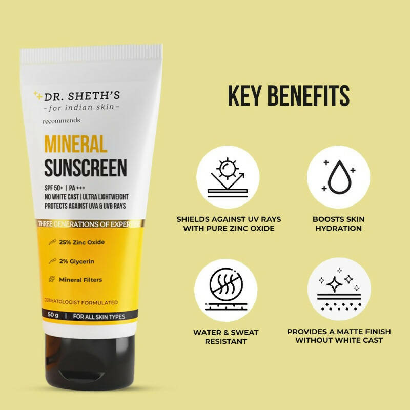 Dr. Sheth's Mineral Sunscreen SPF 50 PA+++, Ultra Lightweight & Non-sticky, For All Skin Types | Grocsy