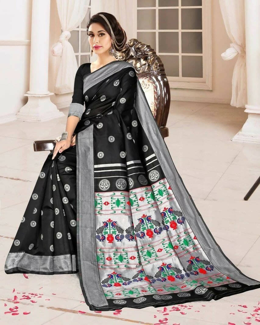 DEIANA'S Beautiful Designer Golden zari Soft Lichi Silk Saree - Black | Grocsy