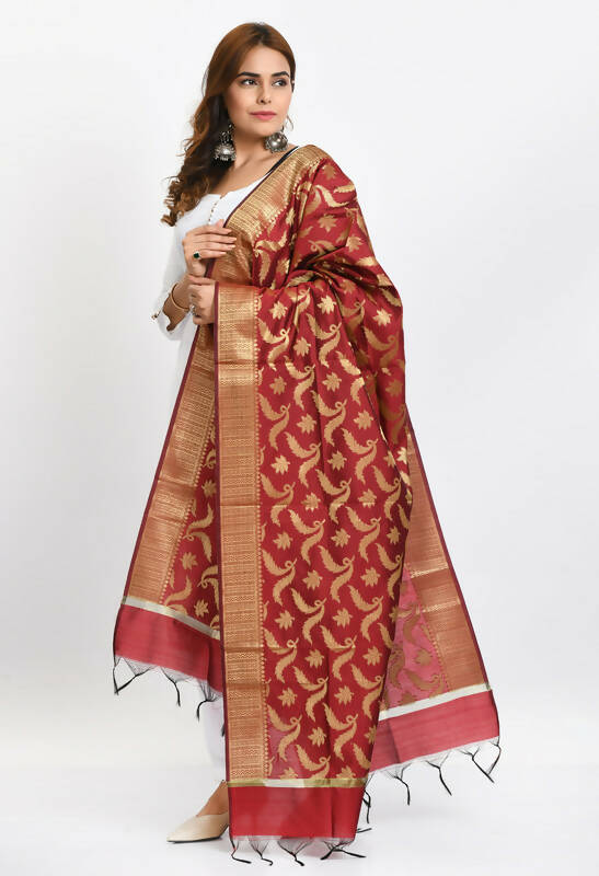 Mominos Fashion Moeza Women's Banarsi Silk Floral Woven Design Maroon Dupatta | Grocsy