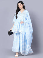 Myshka Cotton Printed 3/4 Sleeve V Neck Turquoise Blue Women Sharara Set | Grocsy