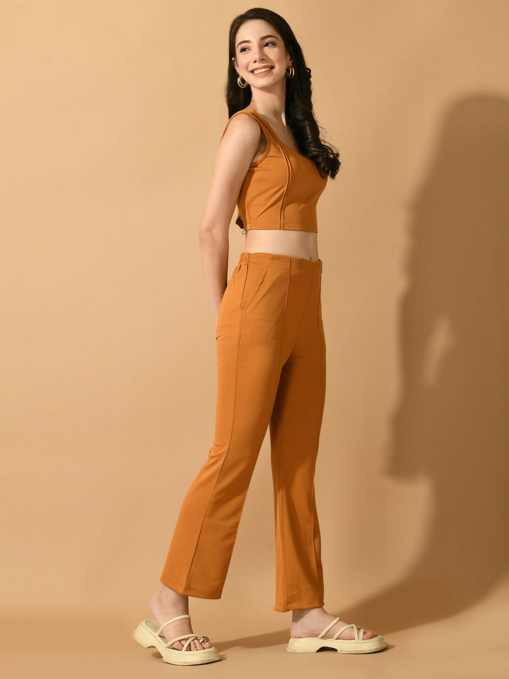 Myshka Women's Mustard Solid Top With Trousers | Grocsy