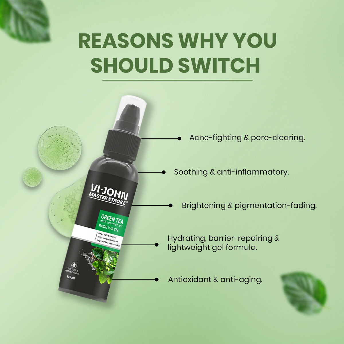 VI-JOHN Master Stroke Green Tea Face Wash Brightening Skin And Improving Texture For All Skin Type | Grocsy