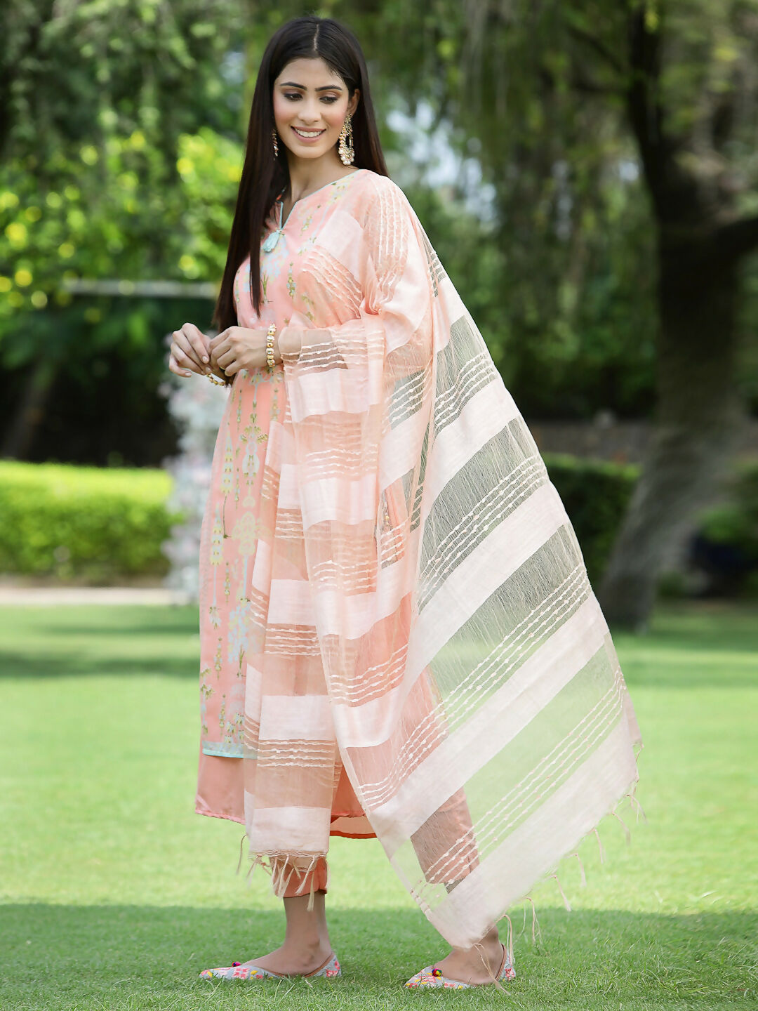 Juniper Orange Ethnic Motif Printed Georgette Kurta Pants & Dupatta Set With Tassels & Lace | Grocsy