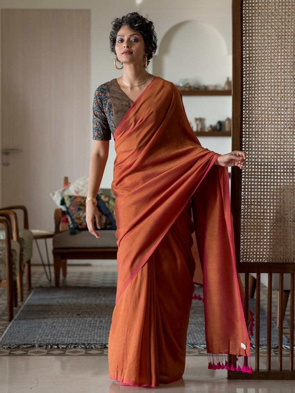 Suta Orange Solid Cotton Blend Saree | Grocsy