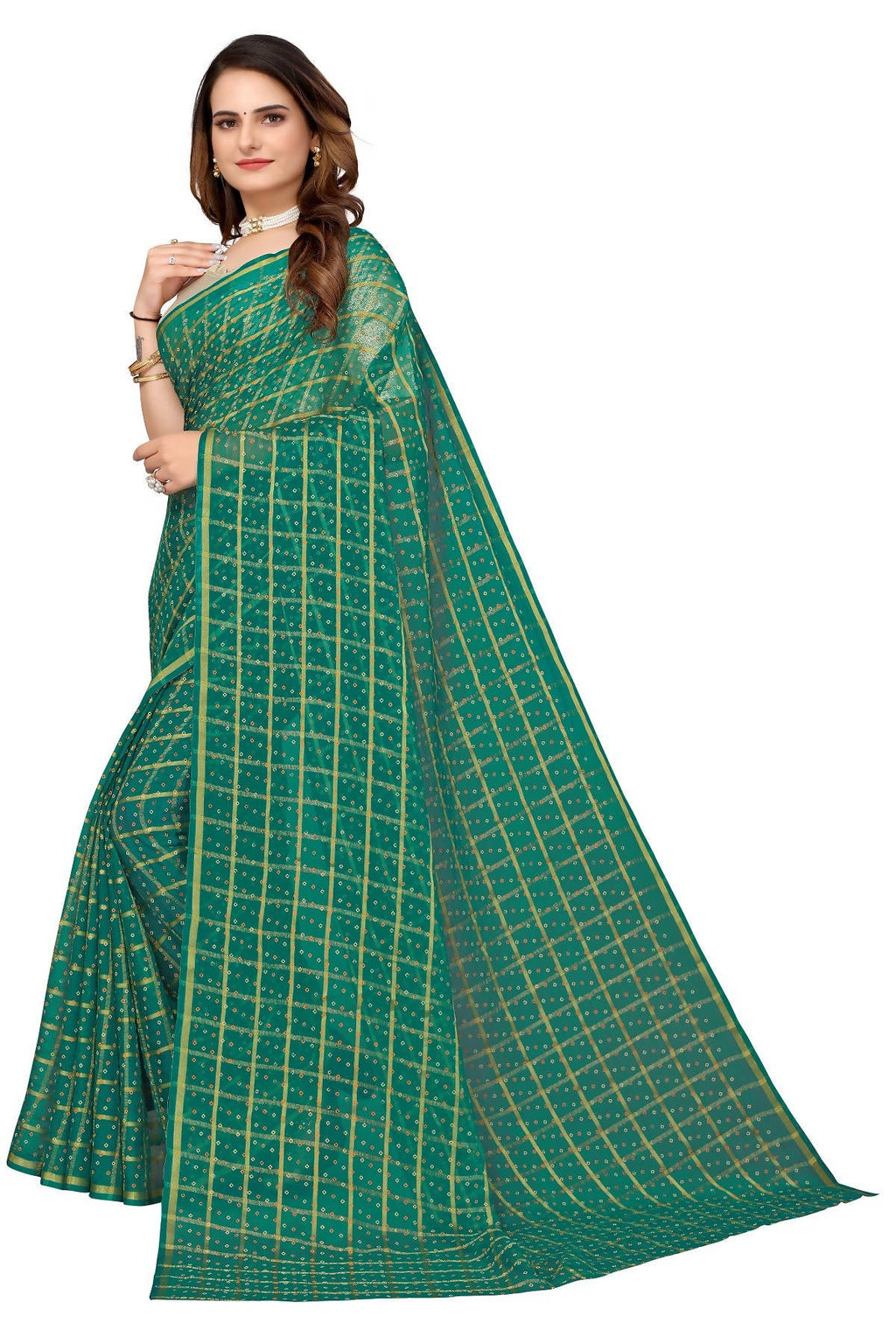Vamika Ethnic Fire Green Jari Work Chiffon Saree | Grocsy