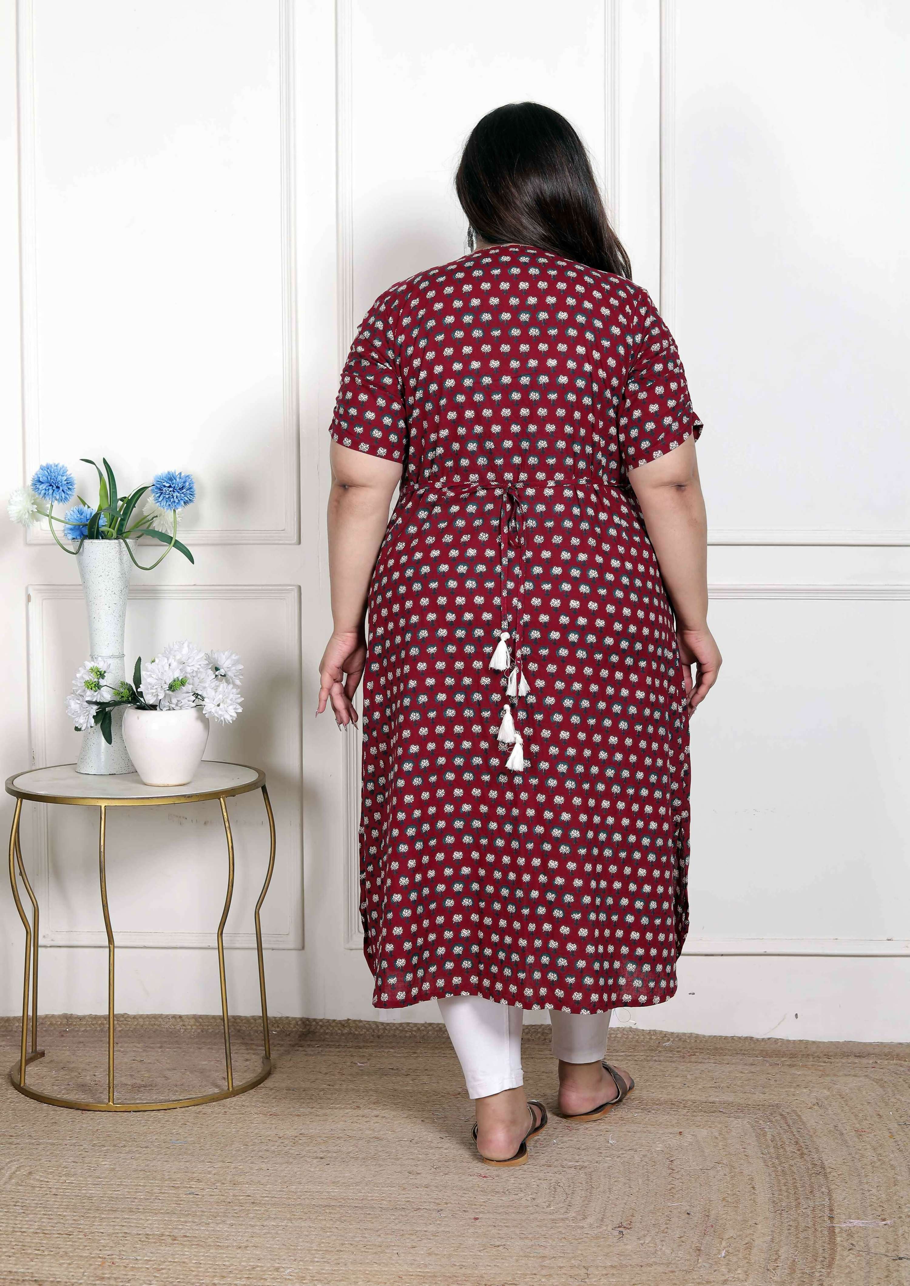 Miravan Women's Plus Size Relaxed Fit Red Floral Printed A-Line Pure Cotton Kurta | Grocsy