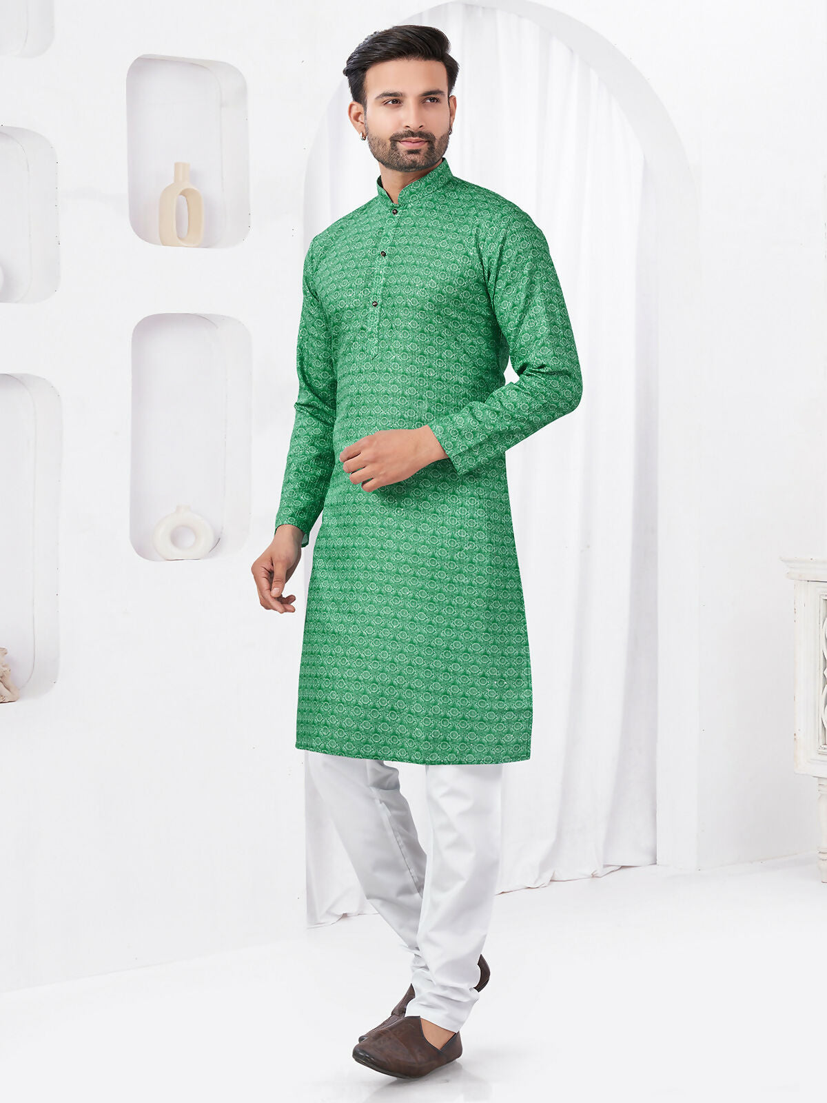 Joban Fashion Men's Rayon Cotton Green Printed Kurta Pyjama set | Grocsy