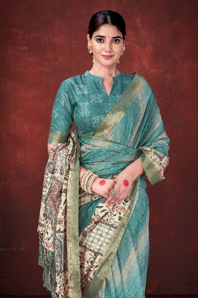Sky Blue Poly Habotai Silk Foil Print Saree with Unstitched Blouse - Kathari | Grocsy