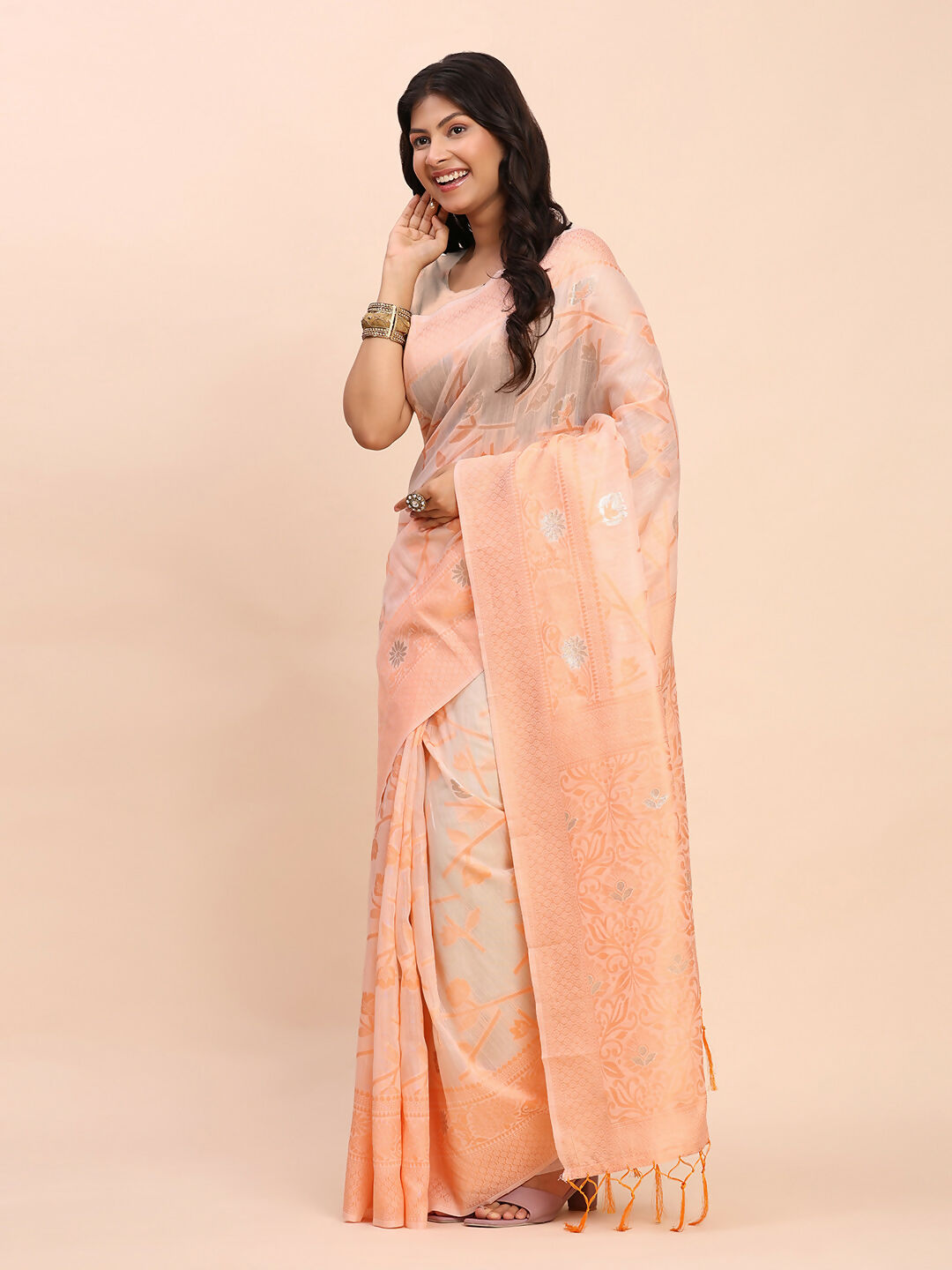 Shree Shyam Fashion Linen Cotton Peach Saree | Grocsy