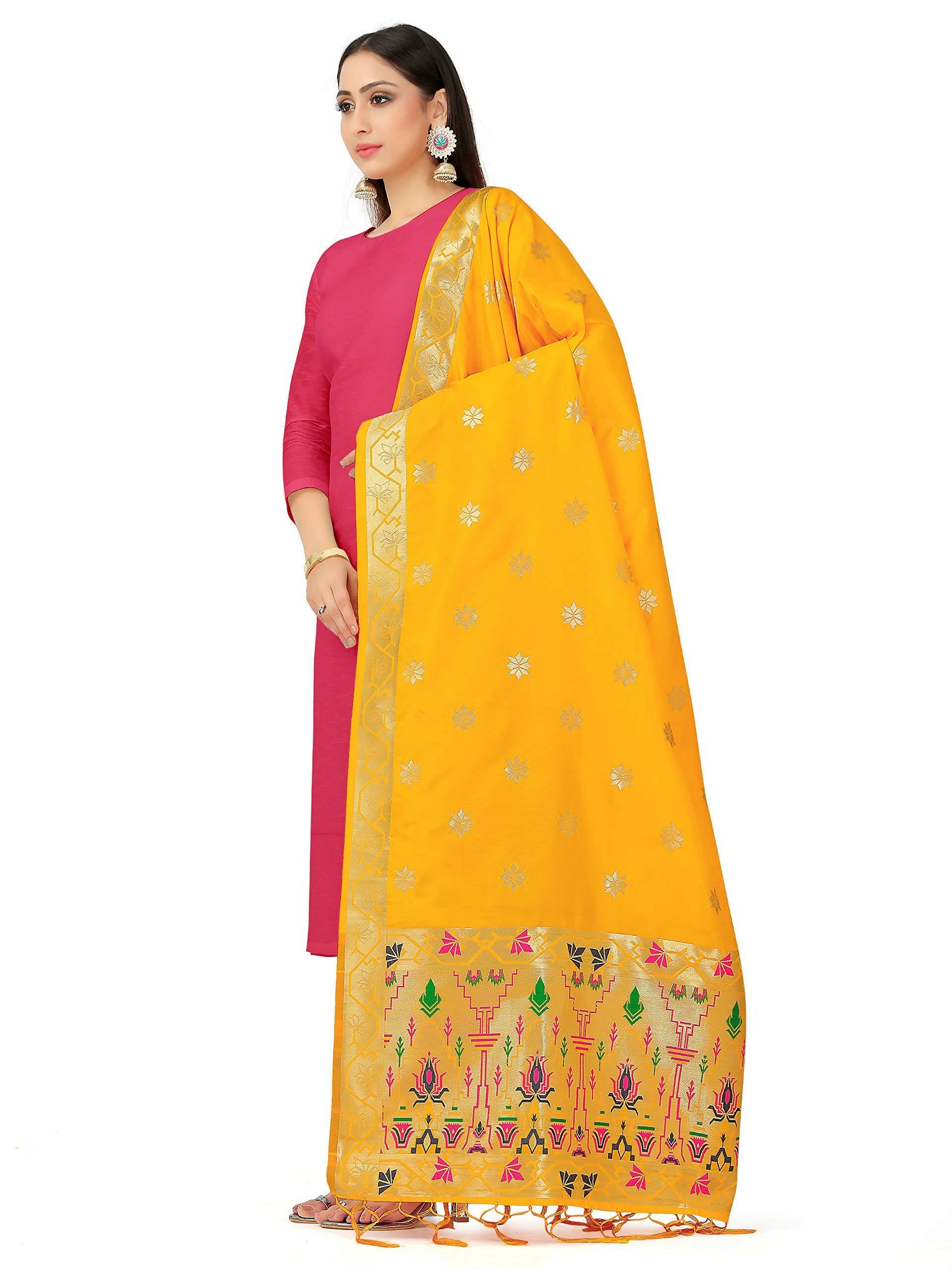 Mimosa Women's Floral Art Silk Gold Dupatta | Grocsy