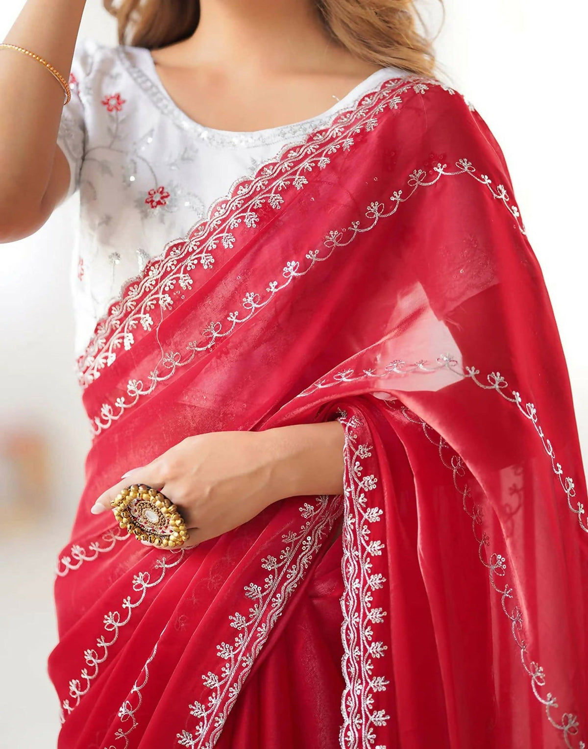 Joban Fashion Tissue Silk Red & Silver Embroidery Saree | Grocsy