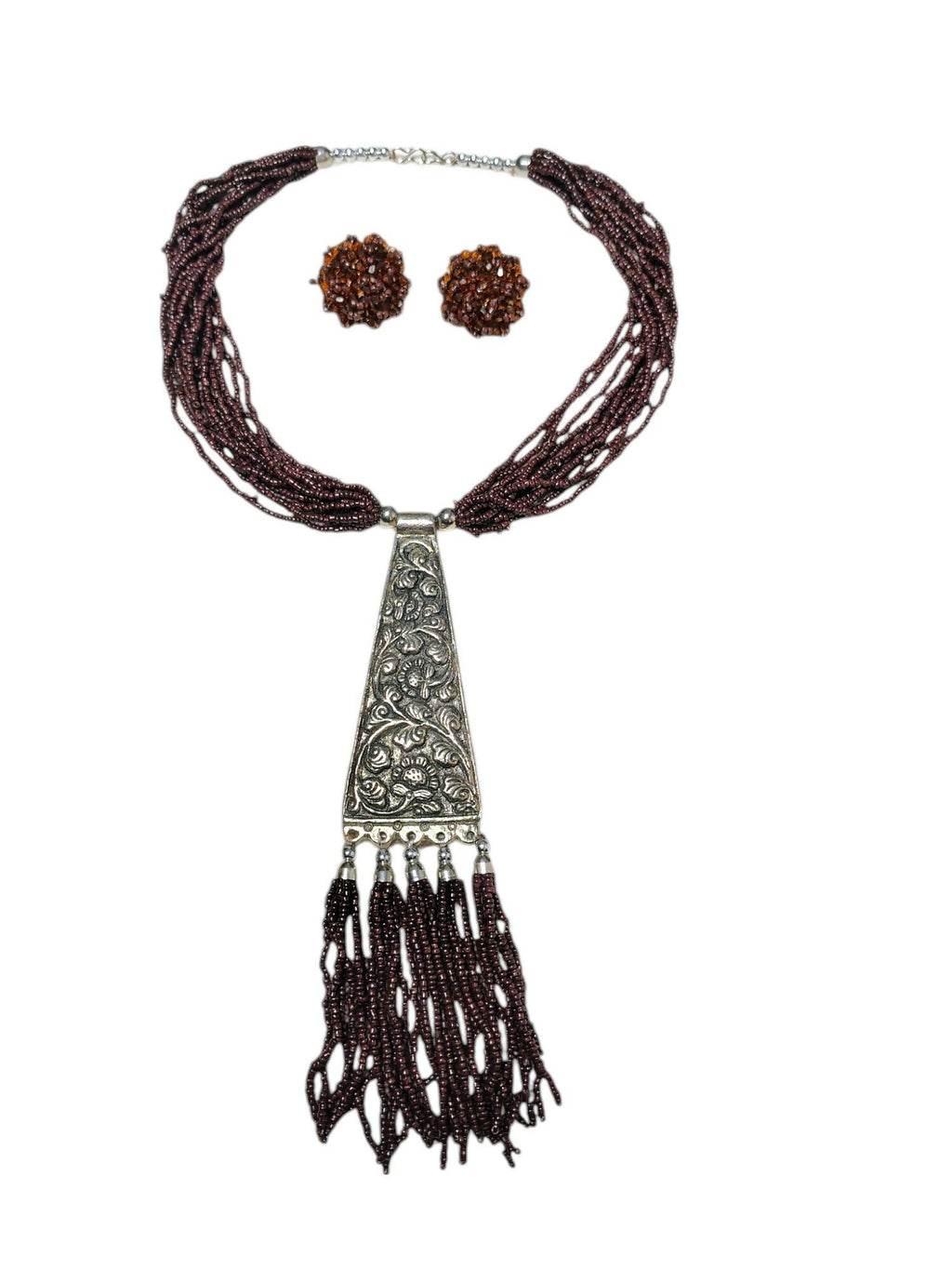 Inhanns Day-To-Dinner Tie Shaped Oxidized Black Metal Multi-Layered Long Necklace Set - Coffee | Grocsy