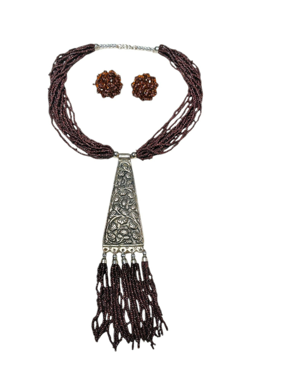 Inhanns Day-To-Dinner Tie Shaped Oxidized Black Metal Multi-Layered Long Necklace Set - Coffee | Grocsy