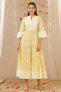 Juniper Womens Limeyellow Cambric Printed Tiered Dress With Flared Sleeve | Grocsy