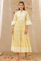 Juniper Womens Limeyellow Cambric Printed Tiered Dress With Flared Sleeve | Grocsy