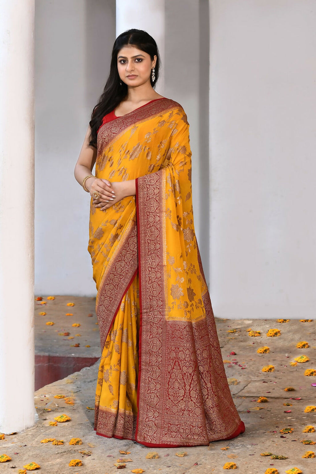 Joban Fashion Yellow Crepe Chiffon Pure Handloom Banarasi Silk Saree | Grocsy