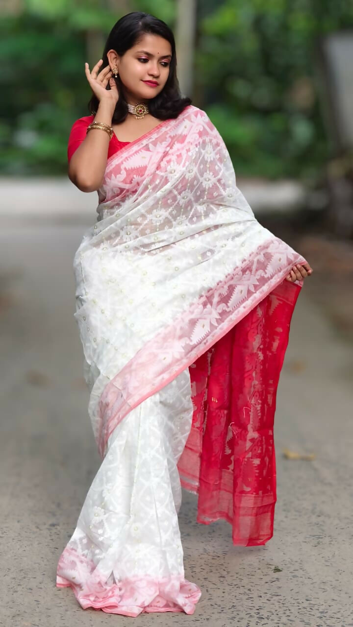 Exclusive Collection White Red White Red Jamdani Saree | Grocsy