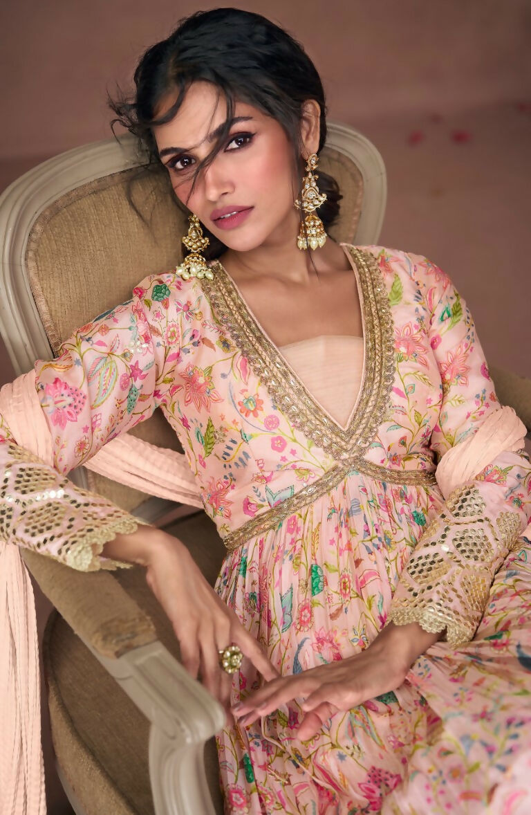 Vastranavya Peach Anarkali Suit Set In Organza Silk Floral Printed & Foil Mirror Work | Grocsy