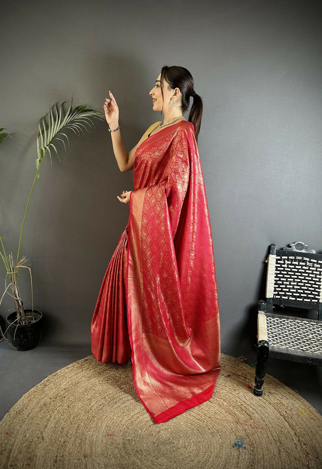 Joban Fashion Red Paisley & Floral Soft Satin Silk Banarasi Silk Saree | Grocsy