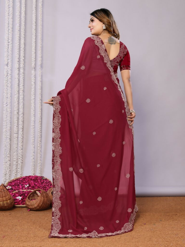 Maroon Silk Georgette Cord Embroidery Saree - Norita Saumya | Grocsy