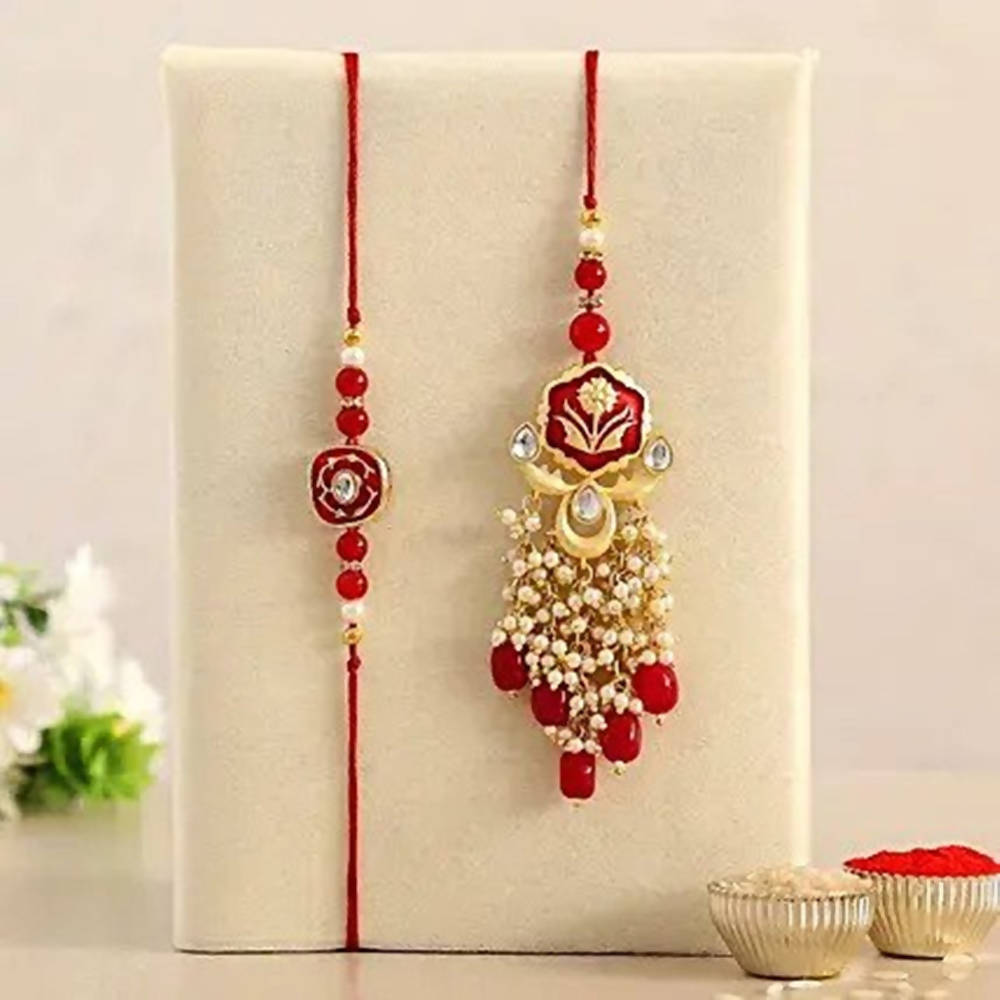 Beautiful Red Bhaiya Bhabhi Kumba Rakhi Set | Grocsy