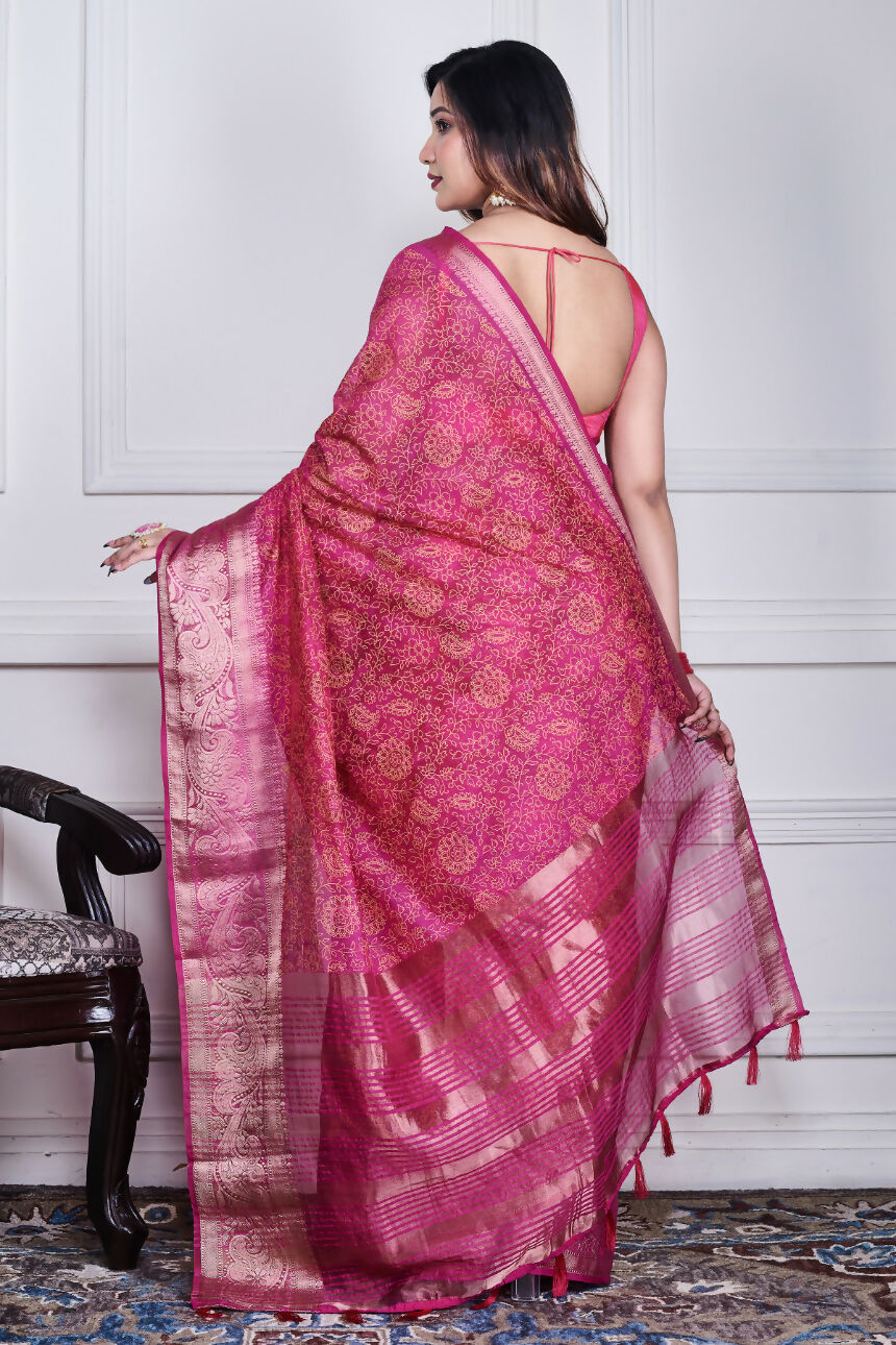 Morchari Pink Script Printed Orzanga Saree Unstitched Blouse | Grocsy