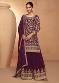 Wine Real Chinnon Embroidered Wedding Festive Palazzo Suit - Emponline | Grocsy