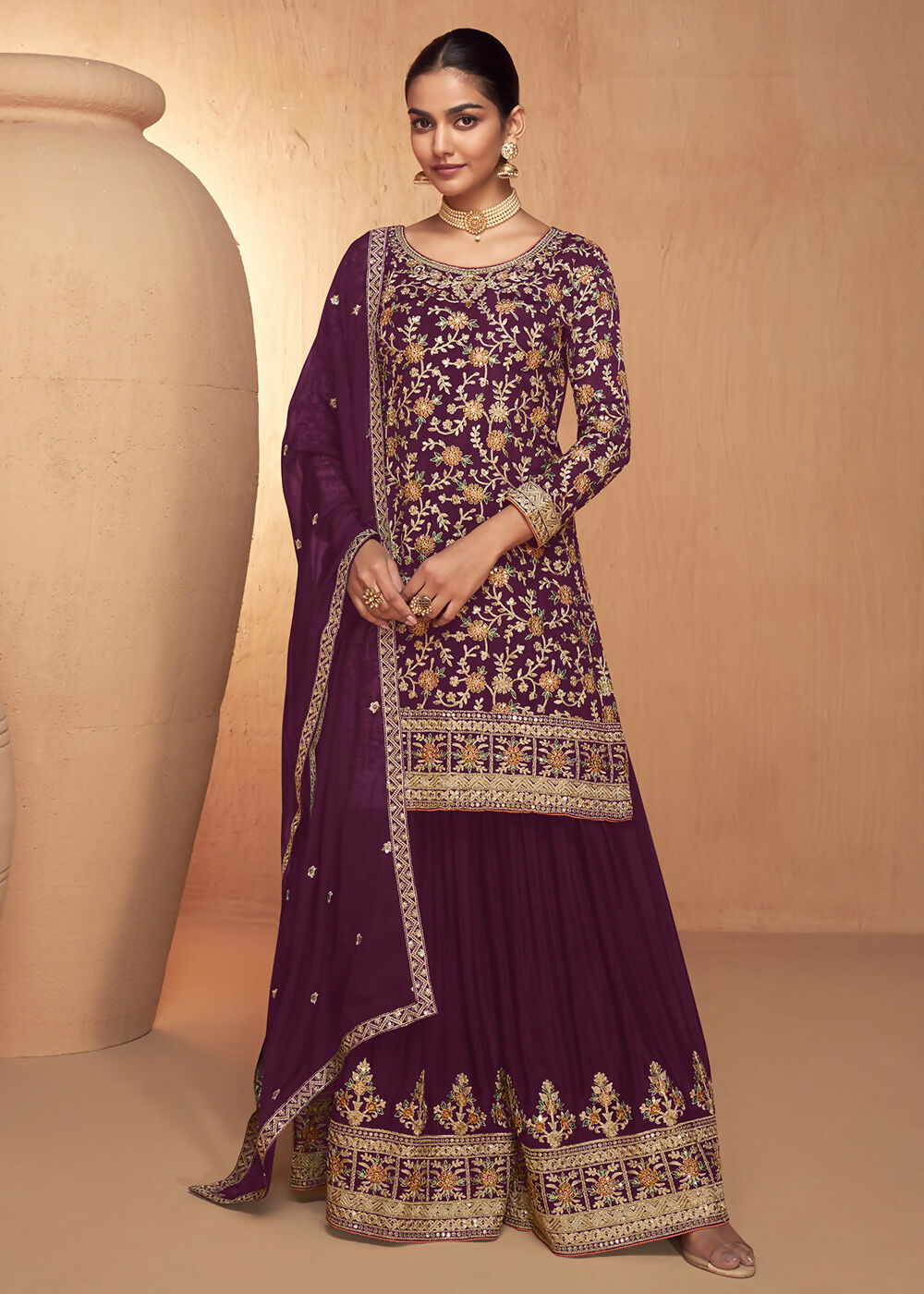 Wine Real Chinnon Embroidered Wedding Festive Palazzo Suit - Emponline | Grocsy