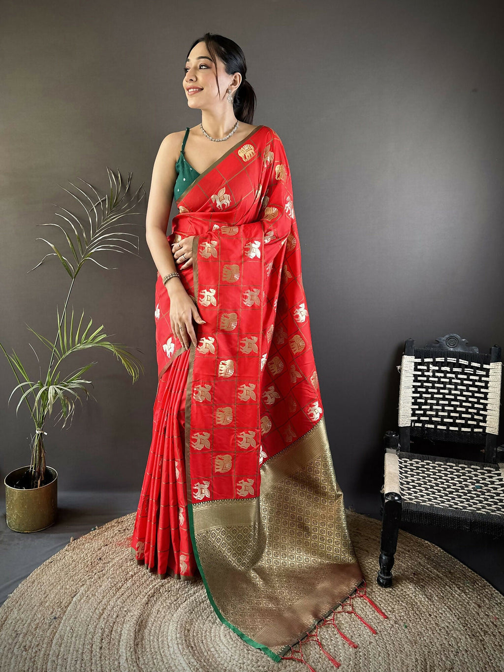 Joban Fashion Red Elephant Motif Soft Silk Banarasi silk Saree | Grocsy