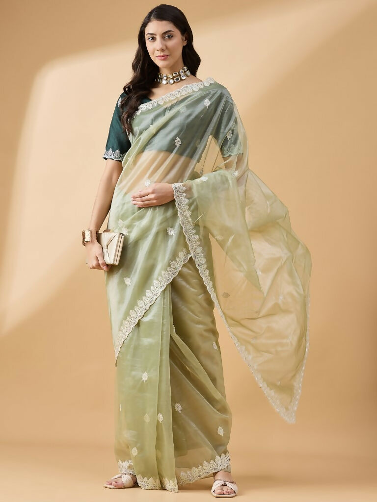 Green Organza Sequence Embroidered Saree with Unstitched Blouse - Satya | Grocsy