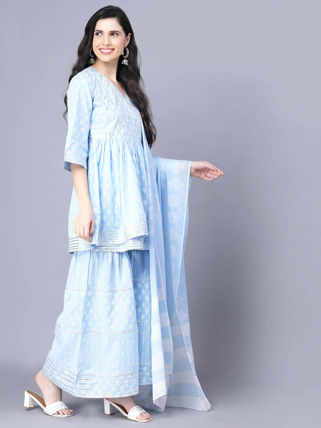 Myshka Cotton Printed 3/4 Sleeve V Neck Turquoise Blue Women Sharara Set | Grocsy