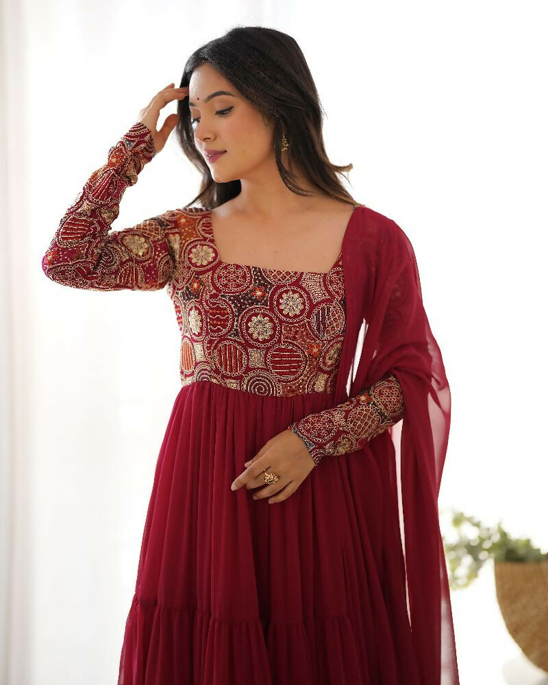 The52 Women's Beautiful Embroidery Work Faux Georgette Fabric Flared Anarkali Pant and Dupatta Set | Grocsy